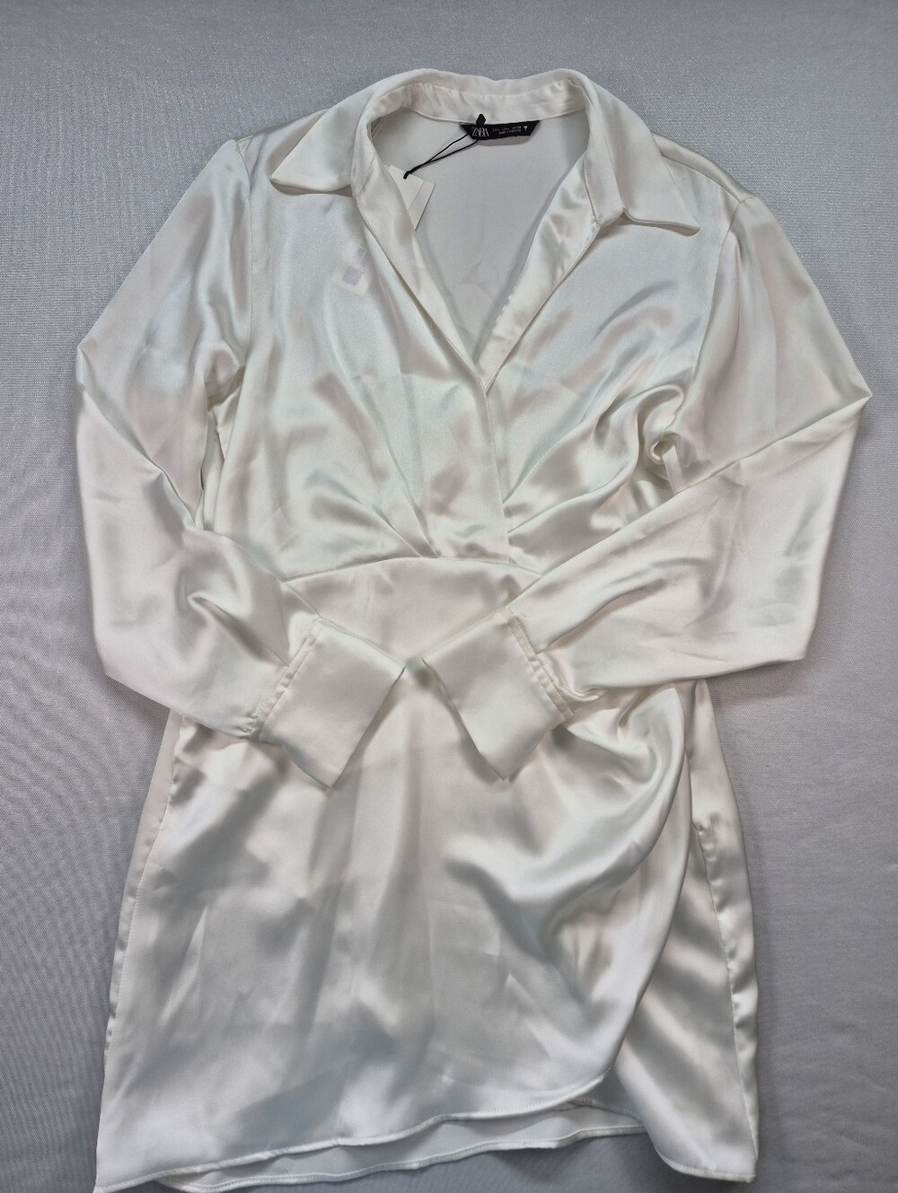 Zara Women's L White Silk Effect Draped Long Sleeve Shirt Dress 4437/098 NWT - Picture 4 of 16